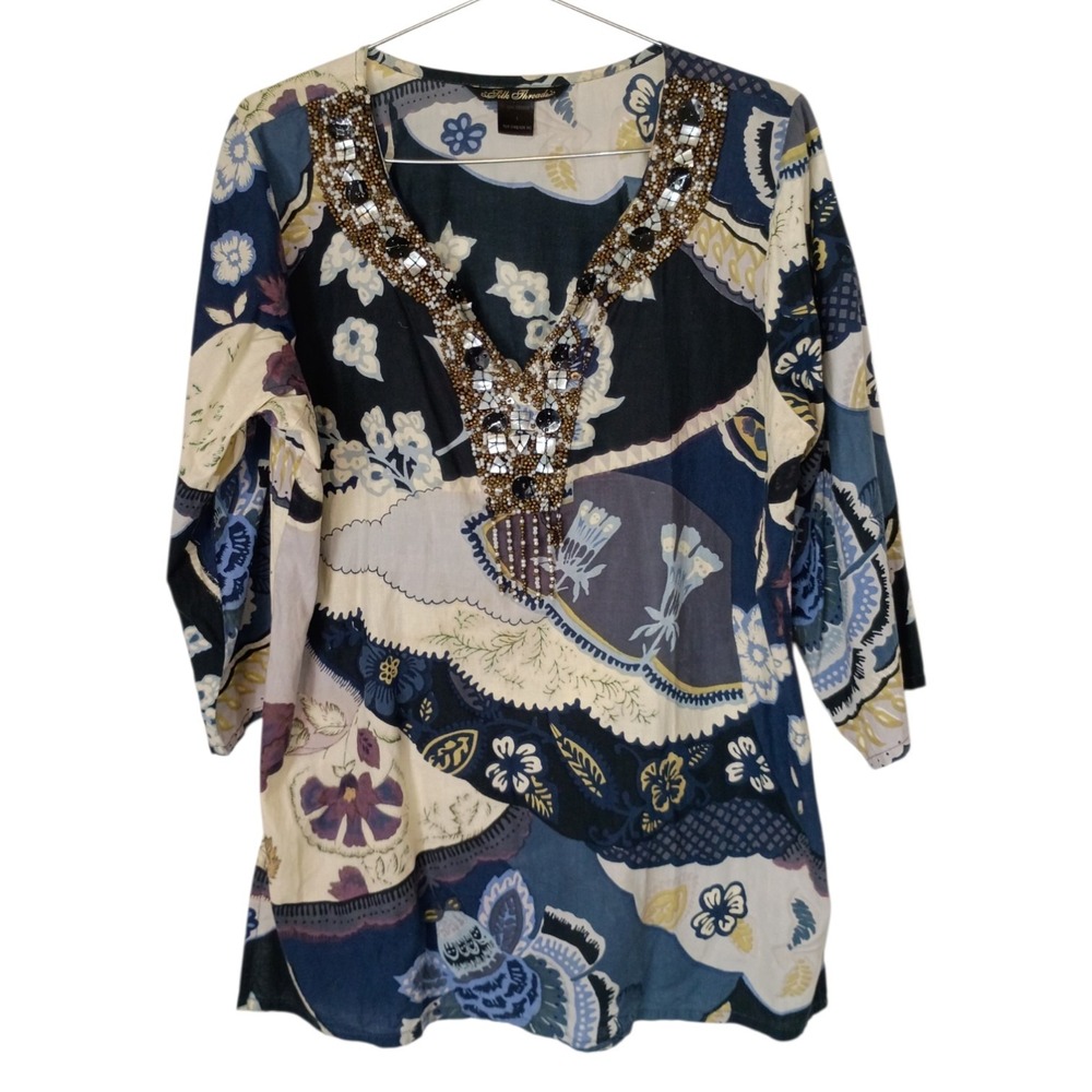 Silk Threads Womens Blue Floral Patchwork Embellished V-Neck Cotton Tunic Top L